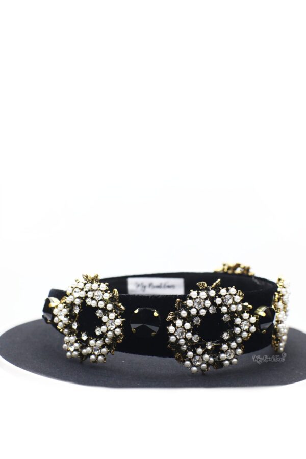 Queen Elissa- black velvet pearl circle headband - My Roial Ears LTD