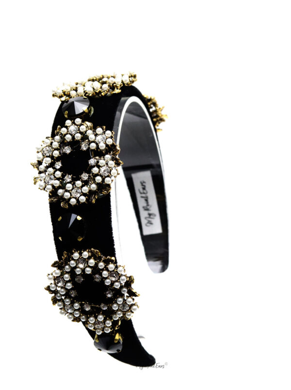 Queen Elissa- black velvet pearl circle headband