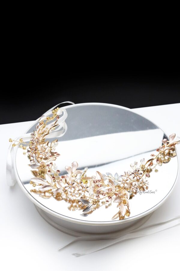 Queen Aung- a champagne floral beaded leaf headband - My Roial Ears LTD