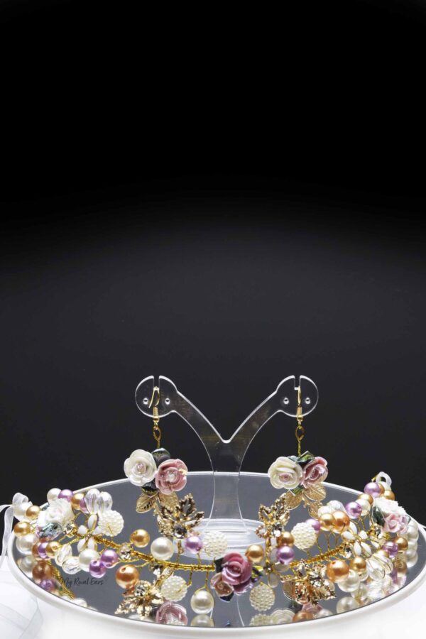 Queen Rowling- golden floral pearl ball headband and earrings set - My Roial Ears LTD