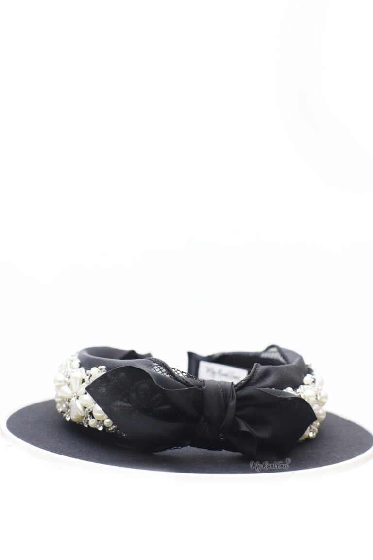 Queen Henrietta - black lace crystal knotted bow headband - My Roial Ears LTD