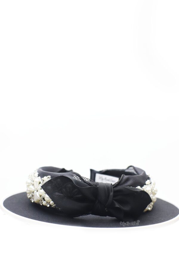 Queen Henrietta - black lace crystal knotted bow headband - My Roial Ears LTD
