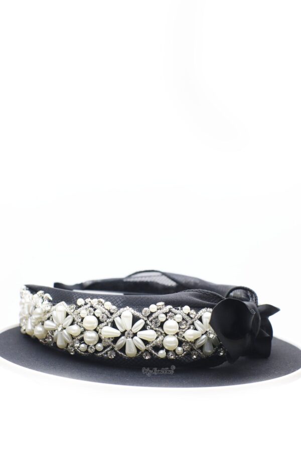 Queen Henrietta - black lace crystal knotted bow headband - My Roial Ears LTD