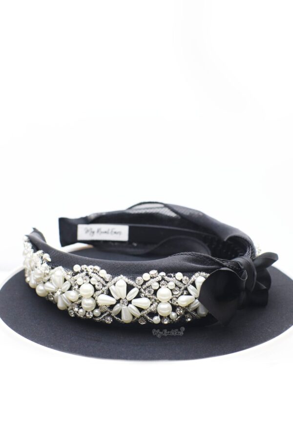 Queen Henrietta - black lace crystal knotted bow headband - My Roial Ears LTD