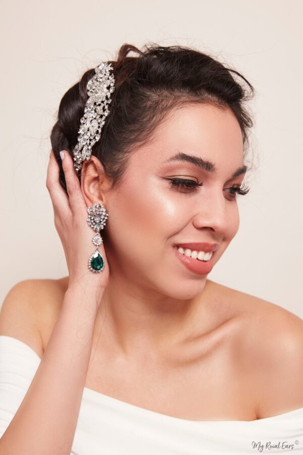 Q.Yvonne- royal elegance silver and green bridal earrings - Image 2