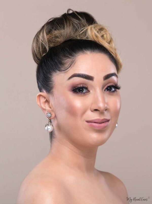 Q.ZARA-pearl antique gold rhinestone bridal drop earrings - My Roial Ears LTD