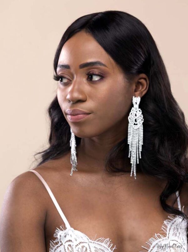 Q.Martha-long tassel rhinestone silver plated bridal statement earrings - My Roial Ears LTD