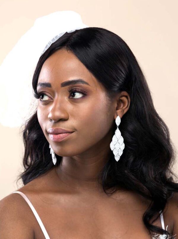 Q.Eloise-silver leaf shaped rhinestone bridal splendor earrings - My Roial Ears LTD