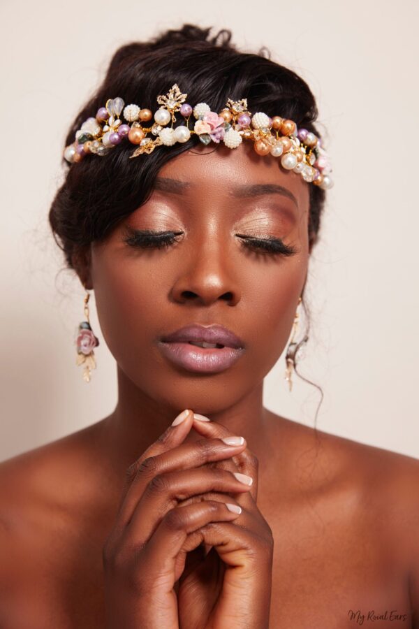 Queen Rowling- golden floral pearl ball headband and earrings set - My Roial Ears LTD