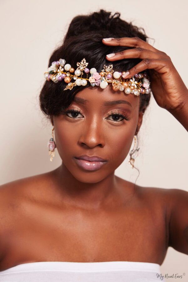 Queen Rowling- golden floral pearl ball headband and earrings set - My Roial Ears LTD
