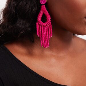 Sage- Beaded Tassel Pink Drop Earrings