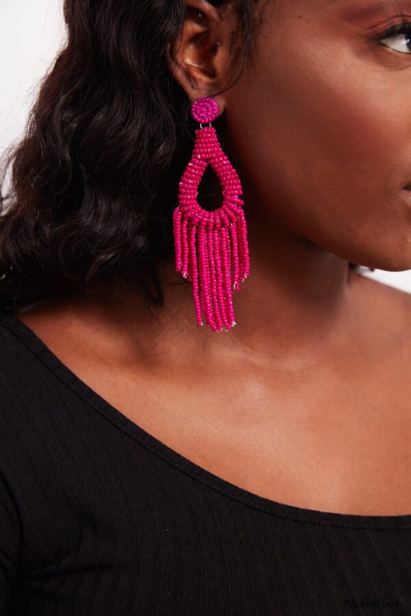 Sage- Beaded Tassel Pink Drop Earrings