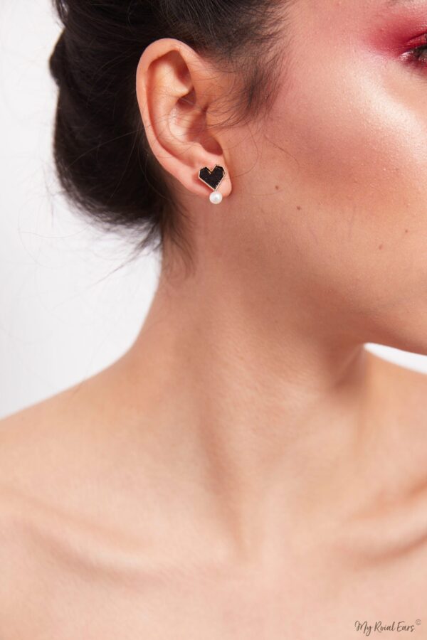 Tansy- gold plated black heart and pearl stud - My Roial Ears LTD