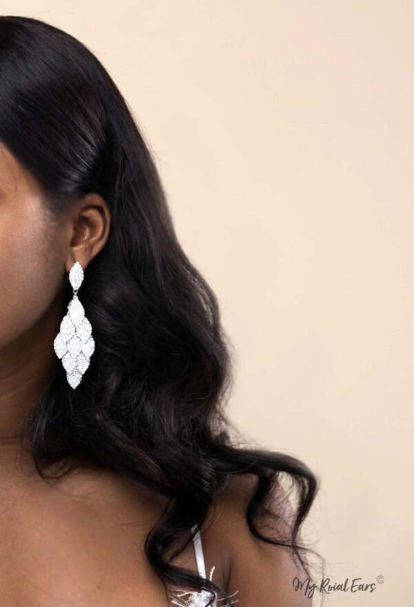 Q.Eloise-silver leaf shaped rhinestone bridal splendor earrings - My Roial Ears LTD