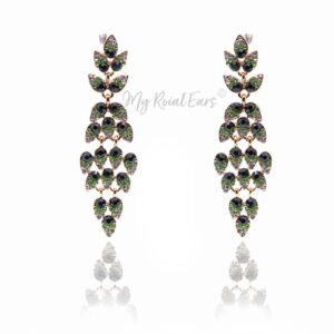 Q.PHILIPPA Green- peacock feather crystal bridal drop earrings - My Roial Ears LTD