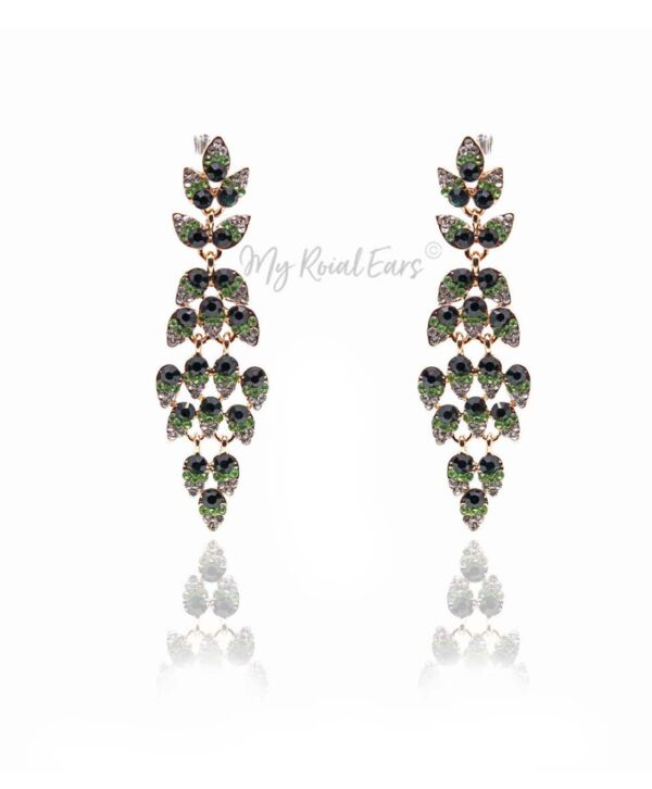 Q.PHILIPPA Green- peacock feather crystal bridal drop earrings - My Roial Ears LTD