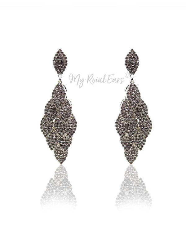 Q.Eloise-silver leaf shaped rhinestone bridal splendor earrings - My Roial Ears LTD